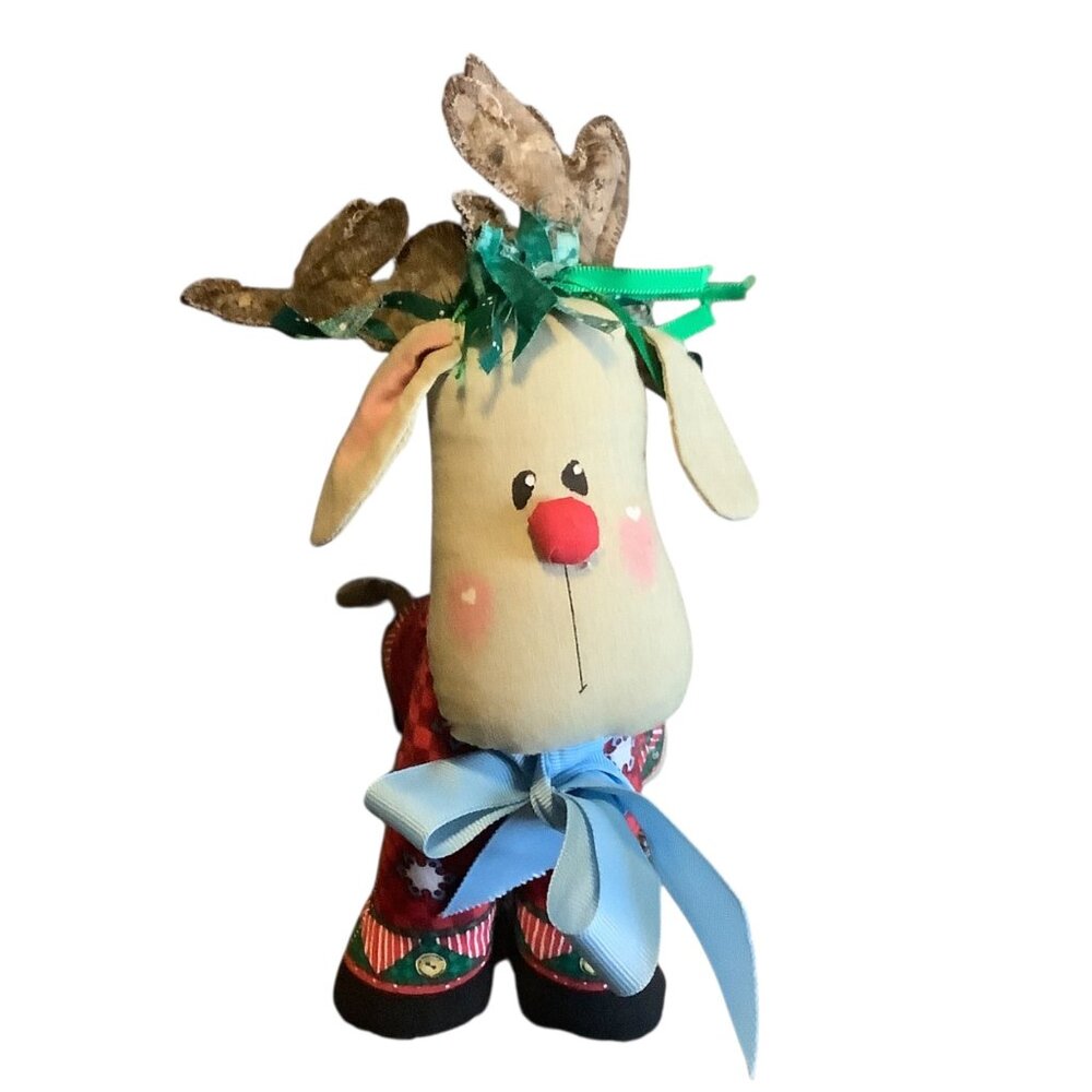 Vtg Handcrafted Reindeer Plush Decor Festive Red Outfit Ribbon‎ Accents 10"
